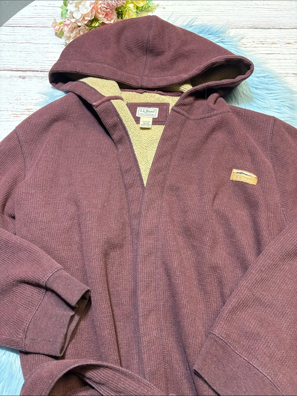L.L. Bean Waffle Knit Maroon Hooded Robe sz M